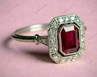 Classy 1.40 Ct Red Ruby Excellent Art Deco Style Engagement Wedding Ring 14K White Gold Over for Women's and Girl's Anniversary Gift