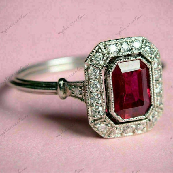 Classy 1.40 Ct Red Ruby Excellent Art Deco Style Engagement Wedding Ring 14K White Gold Over for Women's and Girl's Anniversary Gift