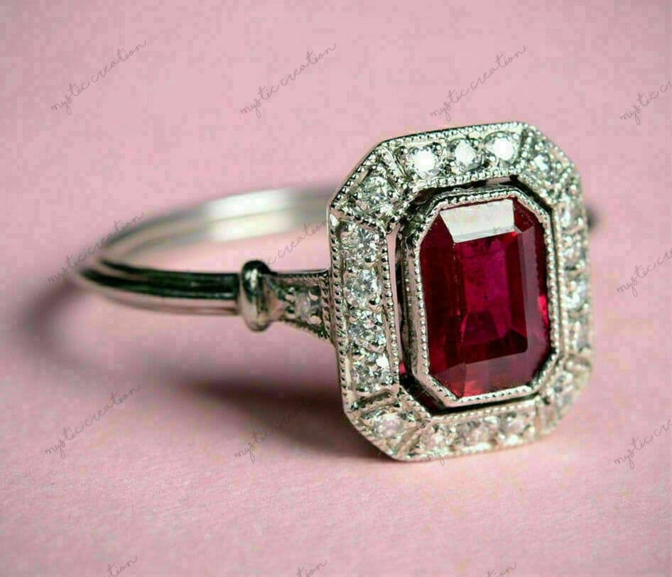 Classy 1.40 Ct Red Ruby Excellent Art Deco Style Engagement Wedding Ring 14K White Gold Over for Women's and Girl's Anniversary Gift