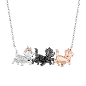 Cute Aristocats Kittens Charm Necklace / Diamond 14K Three Tone Gold Over Pendant / Girls Cat Gift Pendant / Silver Necklace with Free Chain