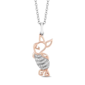 Piglet Winnie the Pooh Necklace, 1/4ct Diamond 14K Rose Gold Over Pendant, Silver Piglet Pendant, Piglet Silver Necklace with 18" Chain