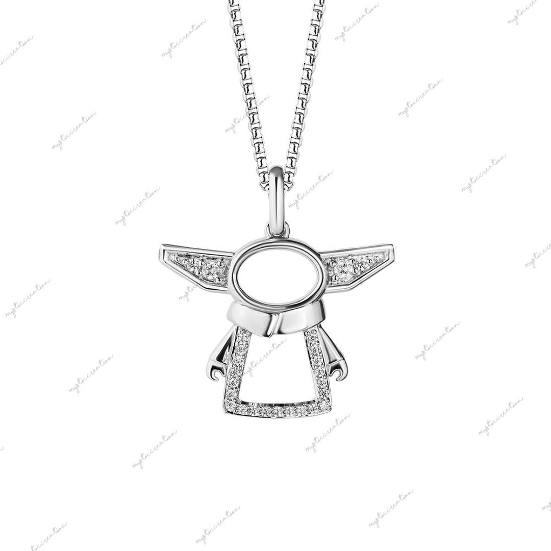 Baby Yoda Grogu Star Wars Necklace / 0.20 Ct Diamond 14K White Gold