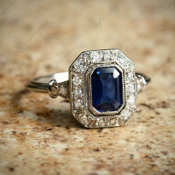 Bague De Fiançailles Style Art Déco - CZ Diamant Et Saphir Halo - Argent 925 - Taille 4 à 14