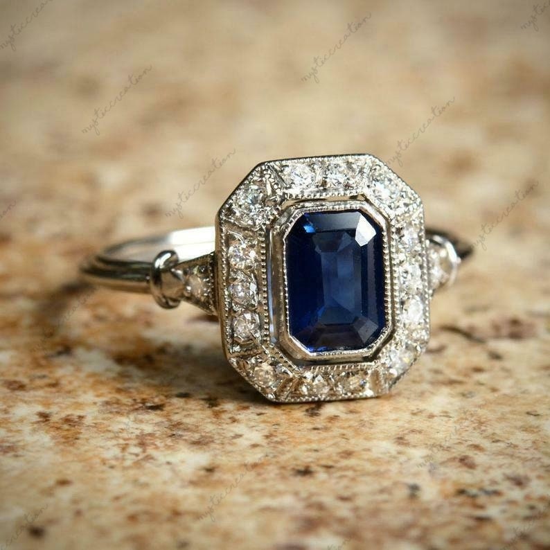 Classic Halo Blue Sapphire Excellent Art Deco Style Engagement Wedding Ring 14K White Gold Over for Women's and Girl's Anniversary Gift