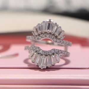 Art deco Ring enhancer Diamond wedding band Unique Baguette curved double band Delicate half eternity Stacking Ring jacket promise ring