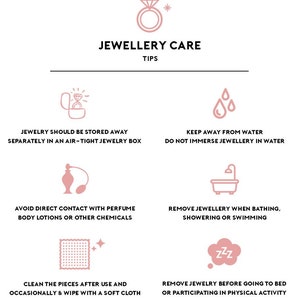 Puede incluir: Una infograf&iacute;a rosa y blanca con consejos para cuidar las joyas. Los consejos incluyen guardar las joyas en una caja herm&eacute;tica, mantenerlas alejadas del agua, evitar el contacto con el perfume, quitarlas al ba&ntilde;arse y limpiarlas con un pa&ntilde;o suave.