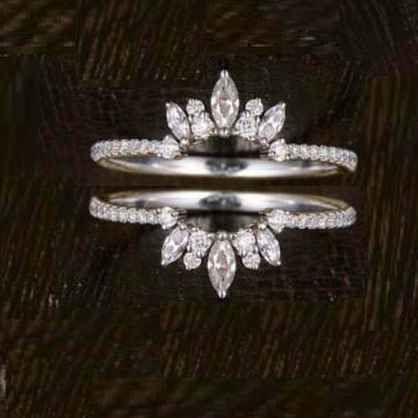 Crown Enhancer Wedding Ring Band 2 Ct Marquise Cut Real Moissanite Diamond Silver 14k White Gold Finish ,Women Enhancer Wrap Wedding Ring
