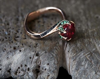 Art Deco Style Ruby & Emerald Engagement Beauty of Beast Style Rose Gold Ring Women&#39;s Anniversary Gift Ring In 14K Rose Gold Finish