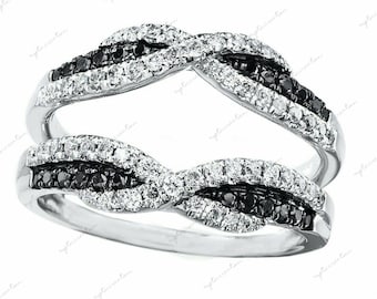 AAA 1.85 CTW Black & White Sim Diamond // Engagement Enhancer Wedding Wrap Band // Solitaire Jacket Enhancer Guard Ring // Solid 925 Silver