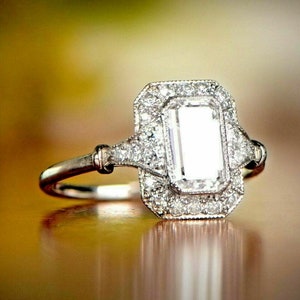 Art Deco 2.75 Ct Emerald & Round Diamond - Art Deco Engagement Wedding Ring - Women's Anniversary Gift Ring - 14K White Gold Over
