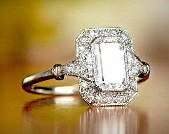 Art Deco 2.75 Ct Emerald & Round Diamond - Art Deco Engagement Wedding Ring - Women's Anniversary Gift Ring - 14K White Gold Over