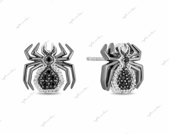 Womens Tiny Spider Stud Earrings / Solid 925 Silver Black Diamond Womens Spooky Stud Earrings / Spider Style Minimalist Studs Gift for Her