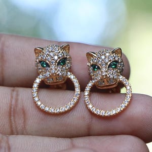 3.00 CTW Moissanite & Green Emerald Panther Women's Big Stud Earrings Unique Boho Earrings Rose Gold Over Womens Stud Earrings