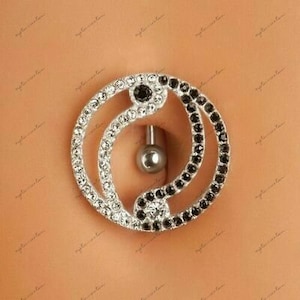 Yin Yang Reverse Dangle Belly Button Ring - Black & White Diamond Navel Belly Button Ring - Body Piercing Jewelry - 14K White Gold Finish