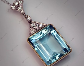 Classic Art Deco Aquamarine and Diamond Pendant, 925 Sterling Silver Women's Necklace, March Birthstone with Chain