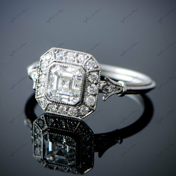 Art Deco 2.10 CT Asscher Cut Moissanite Diamond Ring, 14K White Gold Plated Classic Engagement Anniversary Ring for Women's and Girl's