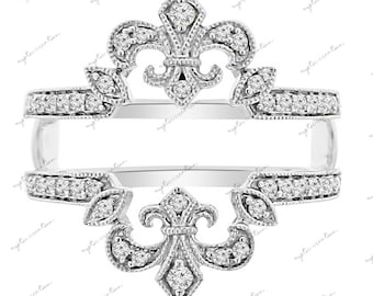 Impresionante diamante D/VVS1 de 1,33 CT // Anillo potenciador de flor de lis de compromiso // Conjunto de anillos de banda envolvente de guardia de boda // Oro blanco de 14 quilates Fn