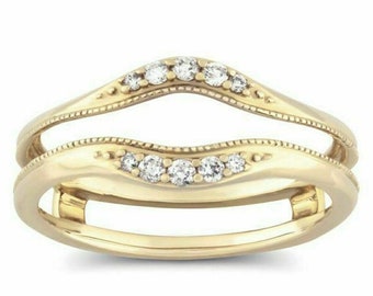 1/4ct Real Moissanite Milgrain Style Solitaire Enhancer Band, Wedding Wrap Ring Guard, Anniversary Thin Band Ring in 14K Yellow Gold Finish
