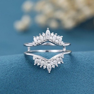 Stunning 1.33ct Marquise Diamond - Sunburst Enhancer Engagement Wrap Ring Guard - Solitaire Women&#39;s Ring Guard Jewelry 14K White Gold Finish