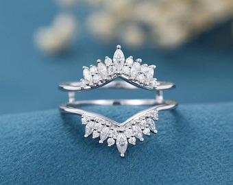 Stunning 1.33ct Marquise Diamond - Sunburst Enhancer Engagement Wrap Ring Guard - Solitaire Women's Ring Guard Jewelry 14K White Gold Finish