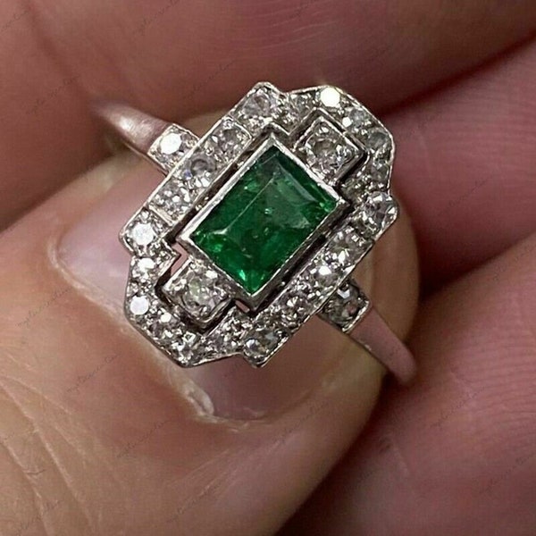 Art Deco 1.50 Ct Green Emerald & Diamond - Art Deco Engagement Wedding Ring - Women's Anniversary Gift Ring - 14K White Gold Over