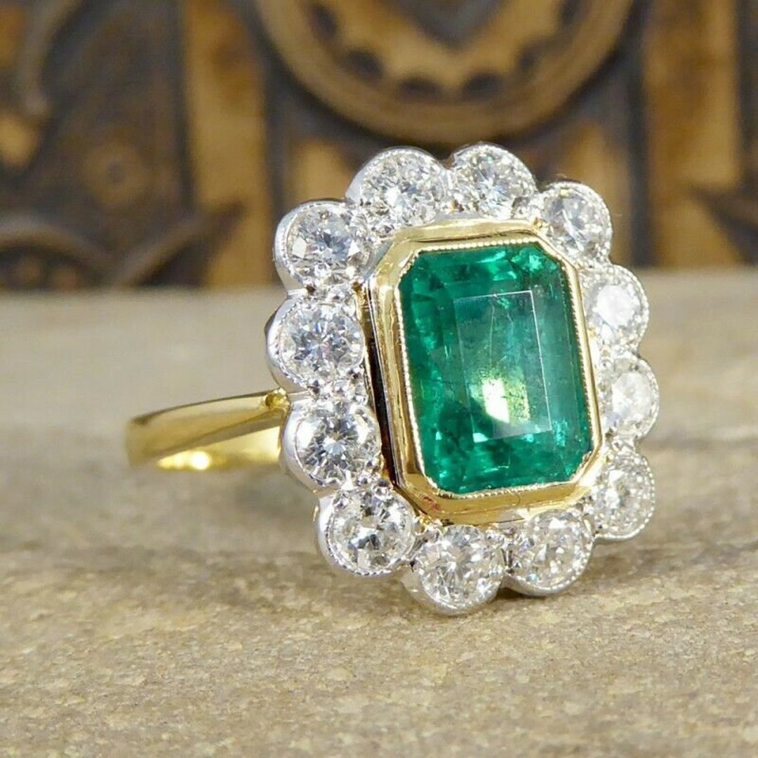 Stunning 3.50 CTW Green Emerald & Diamond Art Deco Halo - Etsy
