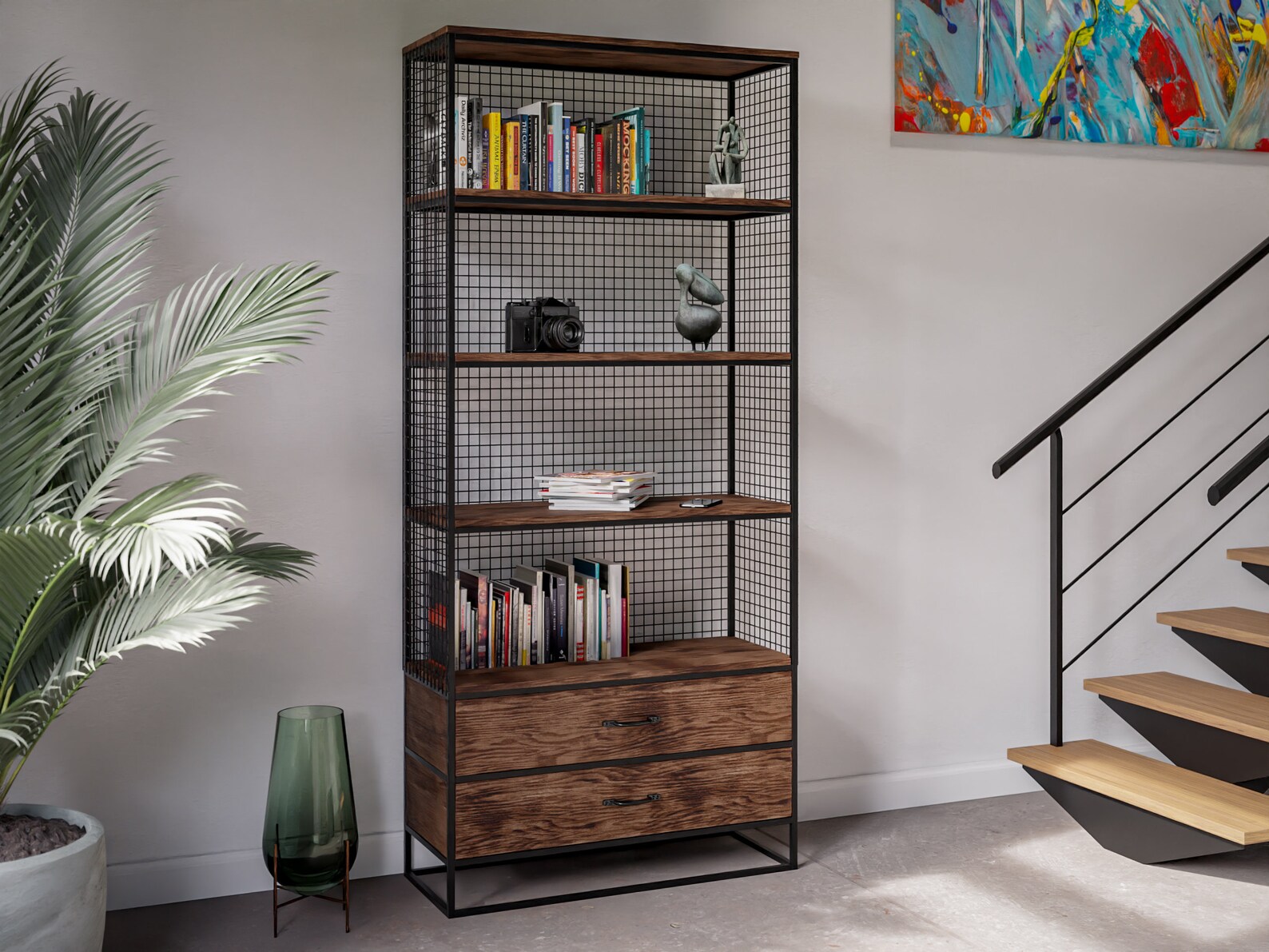 Solid Industrial Bookcase with 2 Drawers and Metal Wire Mesh Etsy