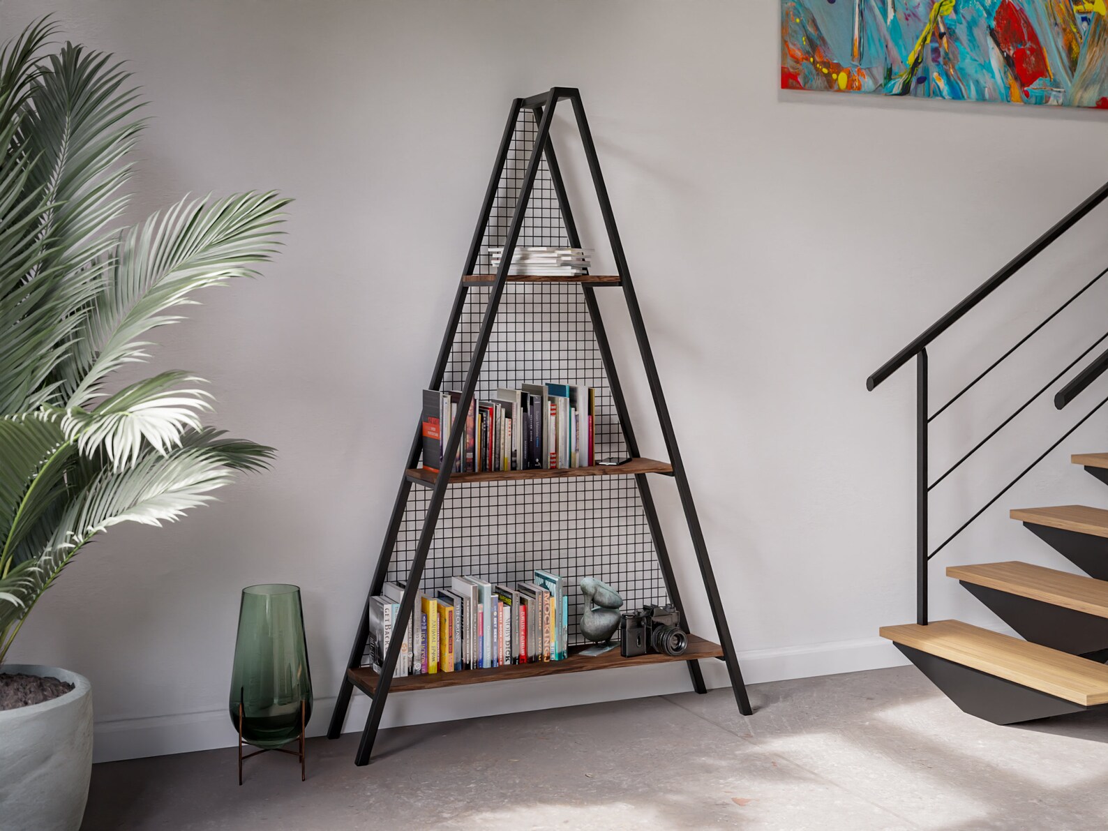Modern Bookcase with Steel Wire Mesh Unique Pyramid Bookcase Etsy