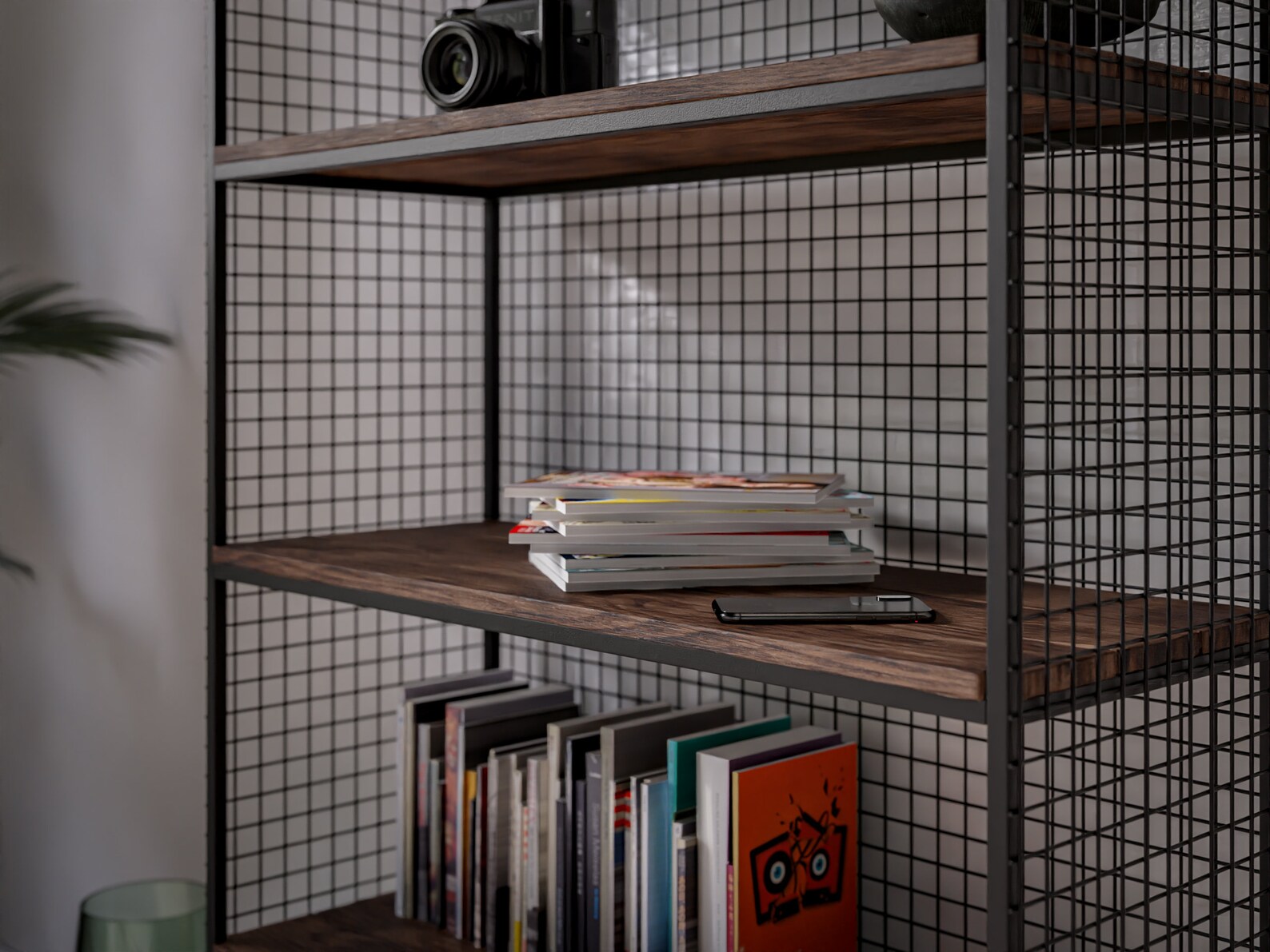 Solid Industrial Bookcase with 2 Drawers and Metal Wire Mesh Etsy