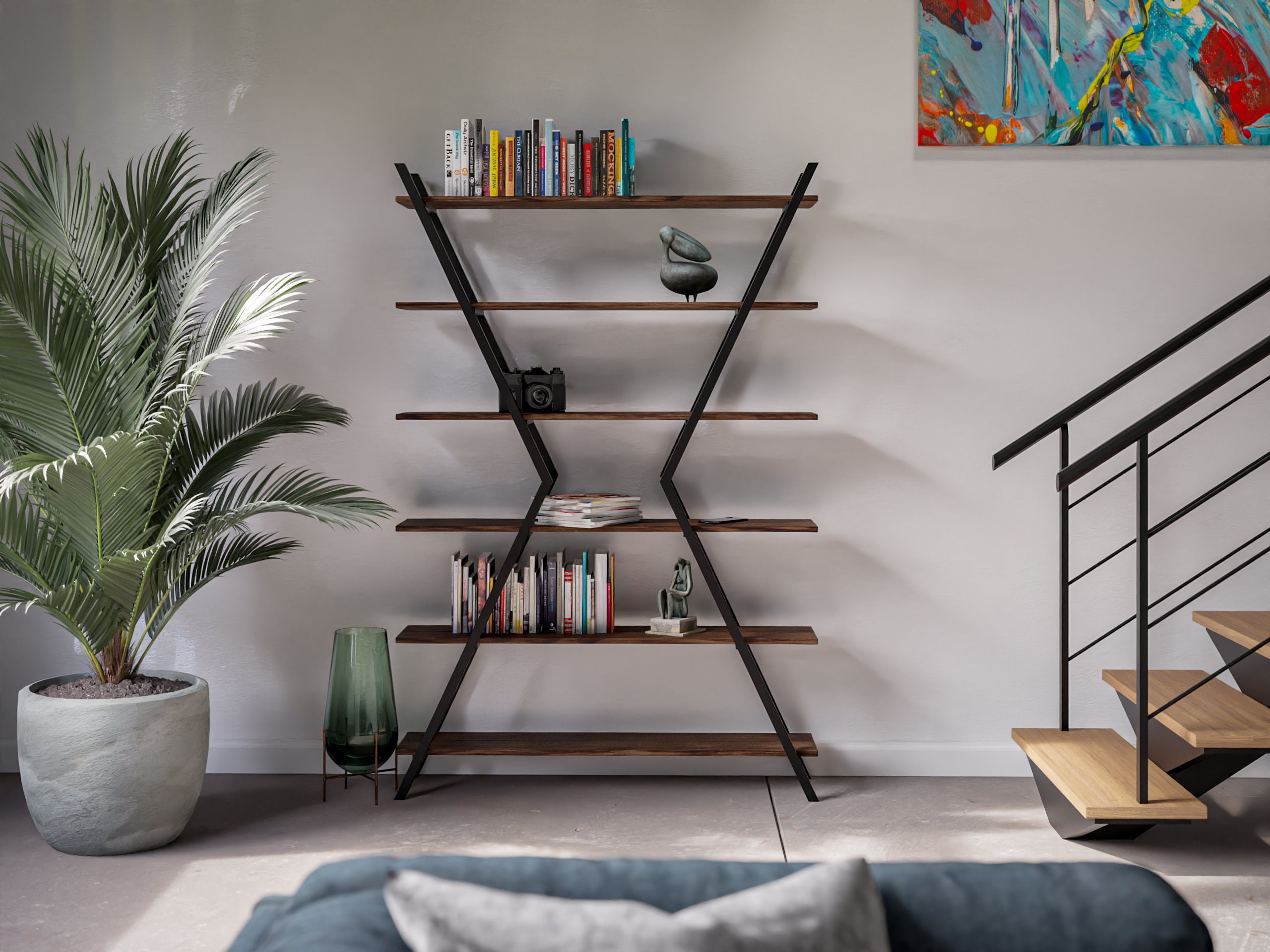 Modern XShaped Bookcase Industrial Bookcase Indsutrial Etsy