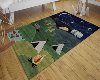 Camp Patterned Kids Room Washable Play Rug / Mat