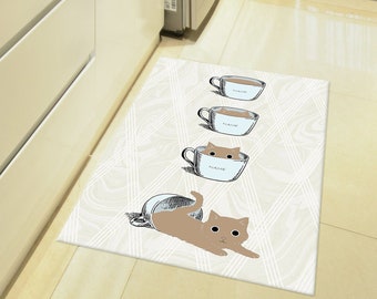 Cup and Cat Patterned Kitchen rug Non Slip Customizable Machine Washable Dining Room Area Mat