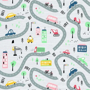 May include: A colorful illustration of a city scene with winding roads, buildings, trees, and vehicles. The illustration features a variety of vehicles, including cars, trucks, buses, and a crane. The buildings are in a variety of colors, including pink, yellow, green, and blue.