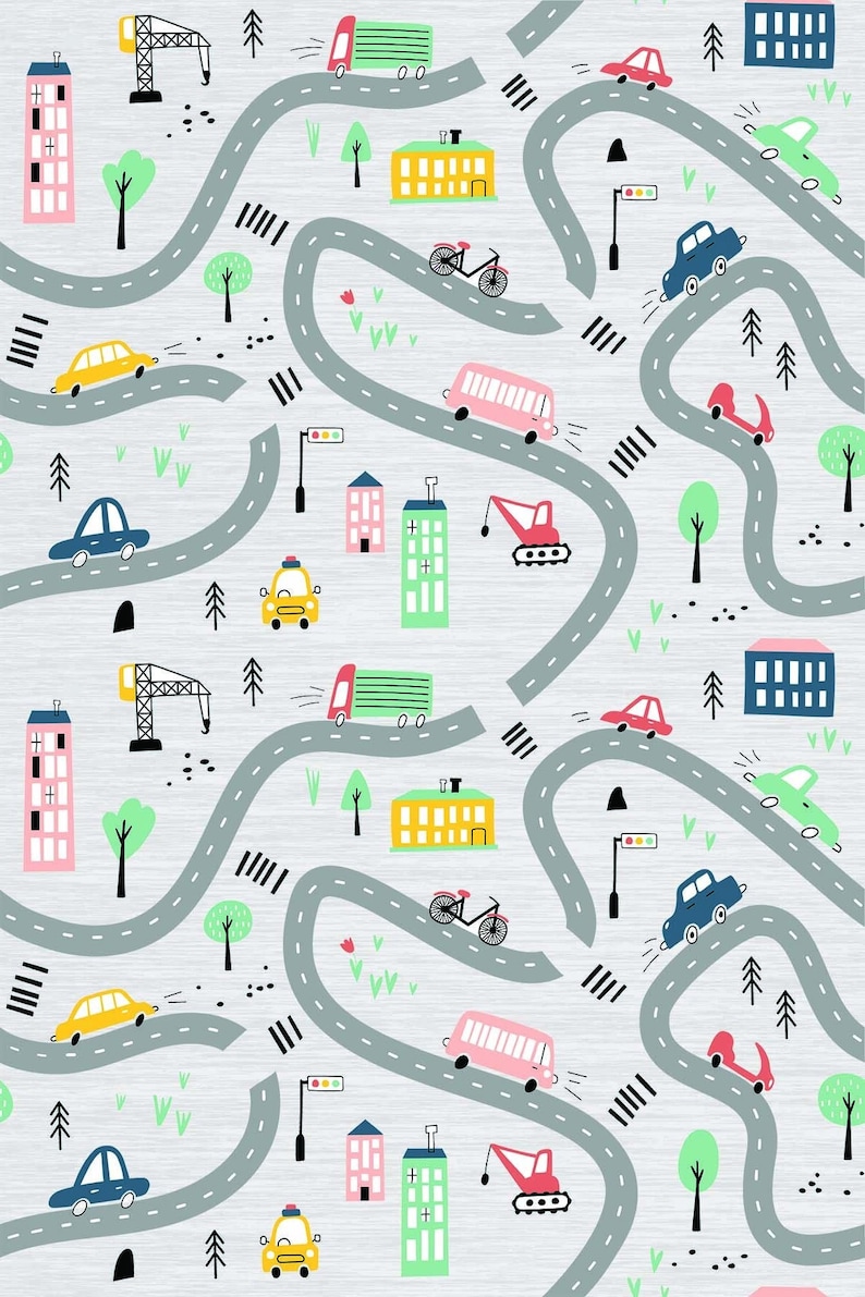 May include: A colorful illustration of a city scene with winding roads, buildings, trees, and vehicles. The illustration features a variety of vehicles, including cars, trucks, buses, and a crane. The buildings are in a variety of colors, including pink, yellow, green, and blue.