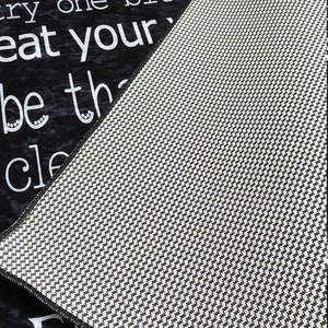 May include: Black and white kitchen rug with the text "Kitchen Rules" and a list of rules including "Wash your hands", "Say your prayers", "Help set the table", "No cell phones allowed", "Try one bite", "Eat your veggies", "Be the best you can be", "Clean up after yourself", and "Enjoy".