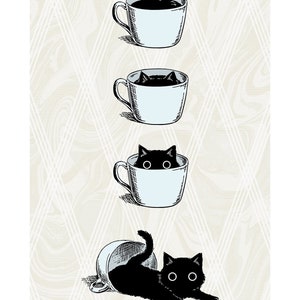 May include: A black cat peeking out of a white coffee cup. The cat is looking directly at the viewer. The cat is in a series of four images, with the cat getting progressively larger in each image. The last image shows the cat fully out of the cup.