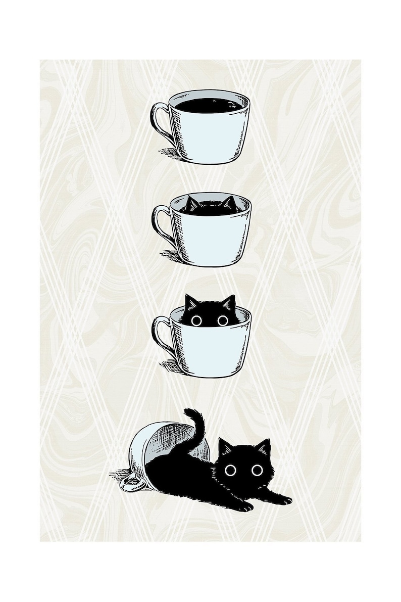 May include: A black cat peeking out of a white coffee cup. The cat is looking directly at the viewer. The cat is in a series of four images, with the cat getting progressively larger in each image. The last image shows the cat fully out of the cup.