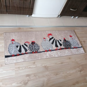 Beige Chicken Kitchen Dining Room Runner Rug / Mat Non Slip Machine Washable