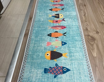 Non Slip Washable Fish Kitchen Rug Light Blue Runner Carpet Mat