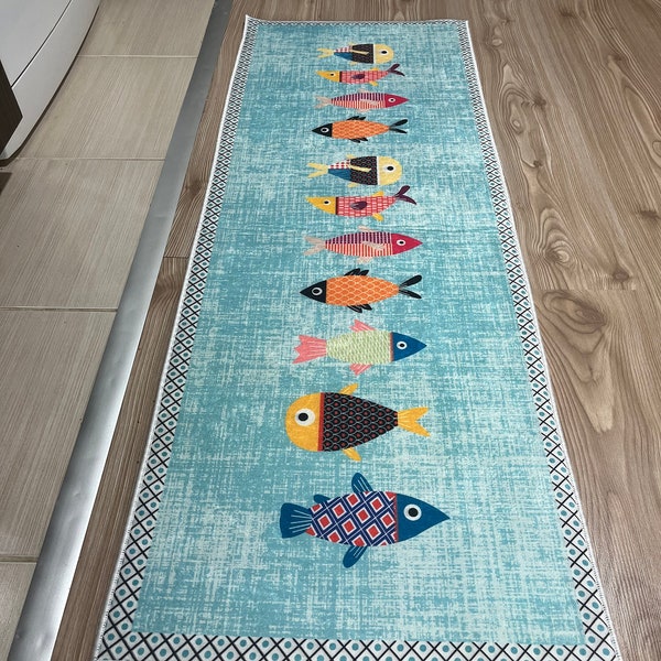 Alfombra de cocina de pescado lavable antideslizante, alfombra de corredor azul claro