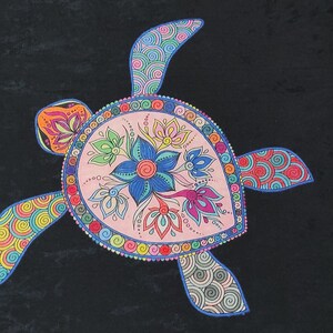 May include: A black rectangular rug featuring a colorful sea turtle design. The turtle has a pink shell with floral and geometric patterns. The border has a white geometric design. The rug is suitable for home decor.