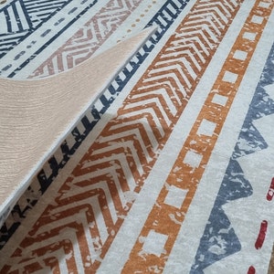 May include: A close-up of a beige and white patterned rug with geometric designs in shades of blue, orange, and brown. The rug is folded over, revealing the beige backing.