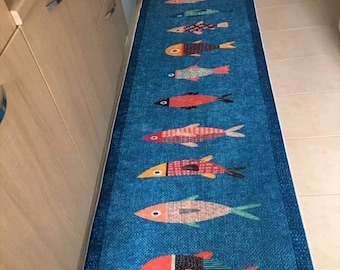 Alfombra de cocina antideslizante lavable con diseño de pez azul