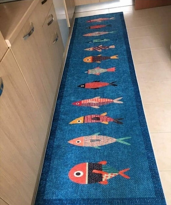 Rutschfest Waschbar Läufer Fisch Küchen Blau Teppich Matte