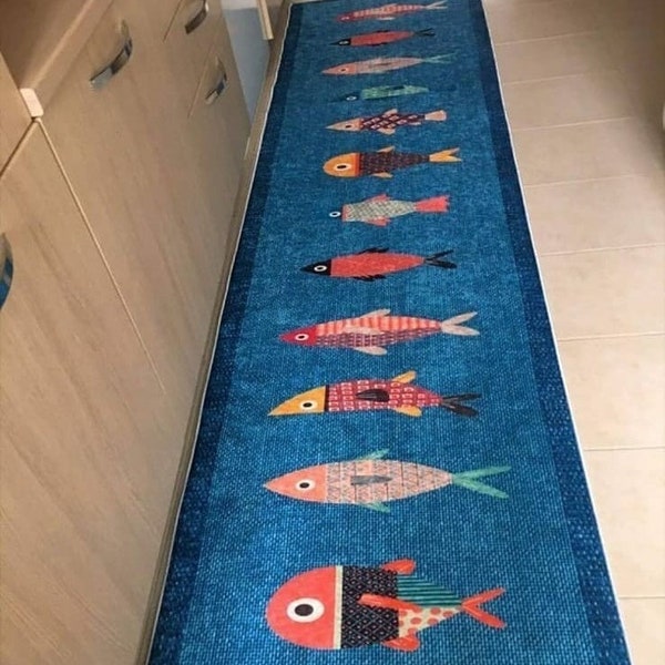 Non Slip Washable Fish Blue Kitchen Rug Runner Carpet Mat