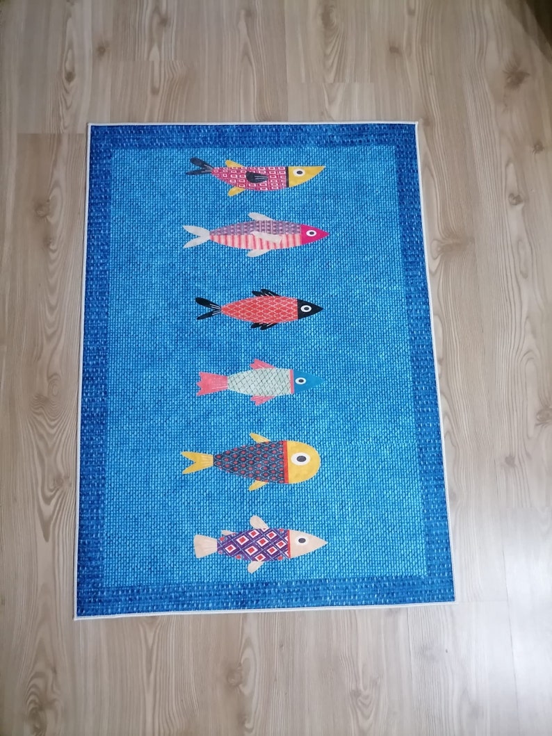 Non Slip Washable Fish Blue Kitchen Rug Runner Carpet Mat