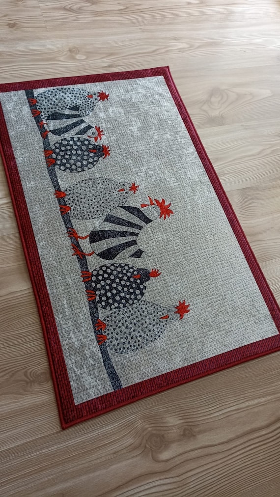 Red Framed Chicken Kitchen Rug Dining Room Runner Non-Slip Machine Washable Mat
