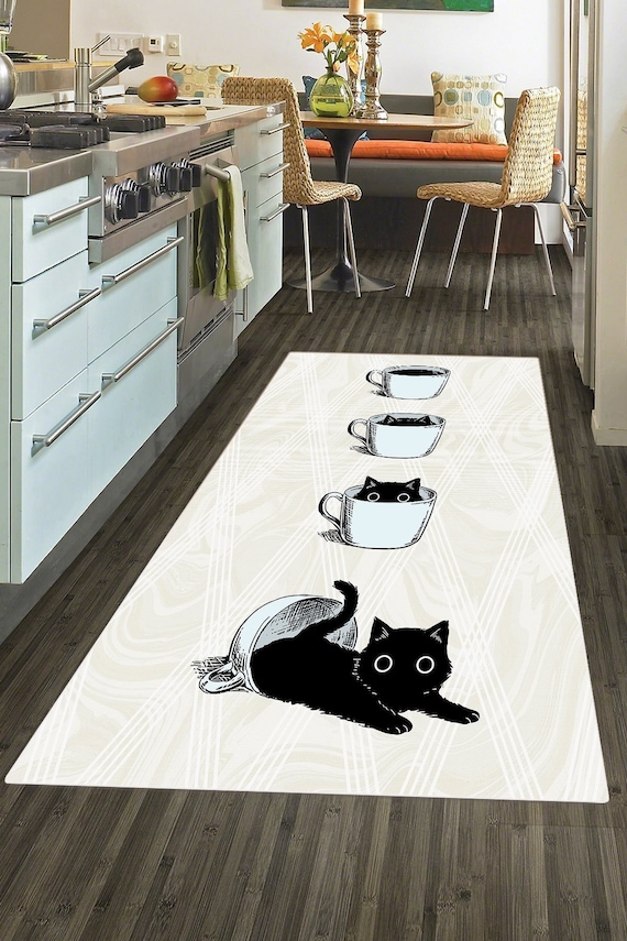 Cup and Cat Patterned Machine Washable Non Slip Kitchen Rug / Mat