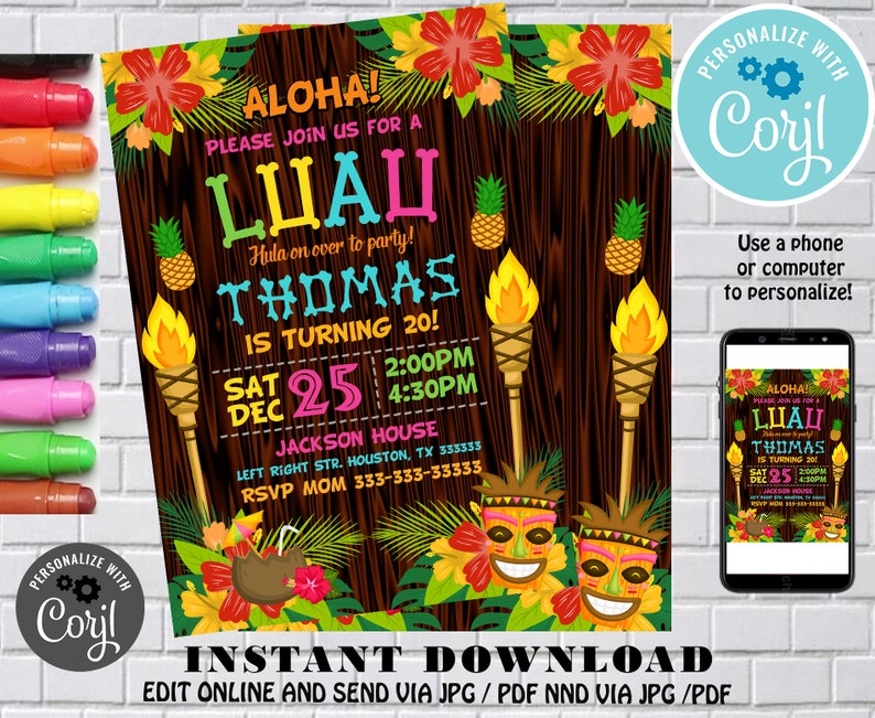 Luau Birthday Invitation Luau Party Invitation Luau Etsy