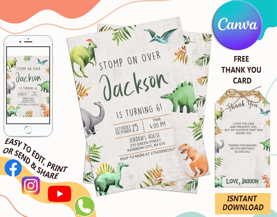 Editable Dinosaur Invitation, Dinosaur Birthday Party Invitation ...
